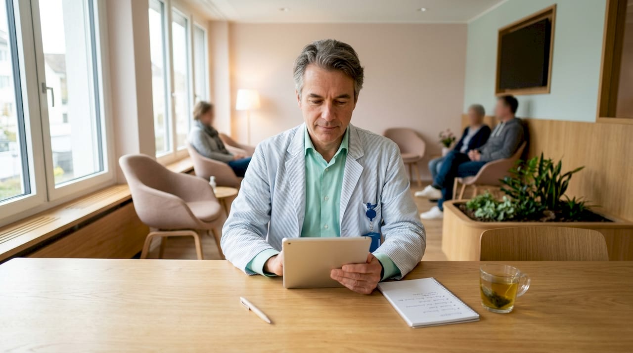 Ein erfahrener Arzt nutzt ein Tablet in einer zeitgemäß ausgestatteten Praxis in der Schweiz.