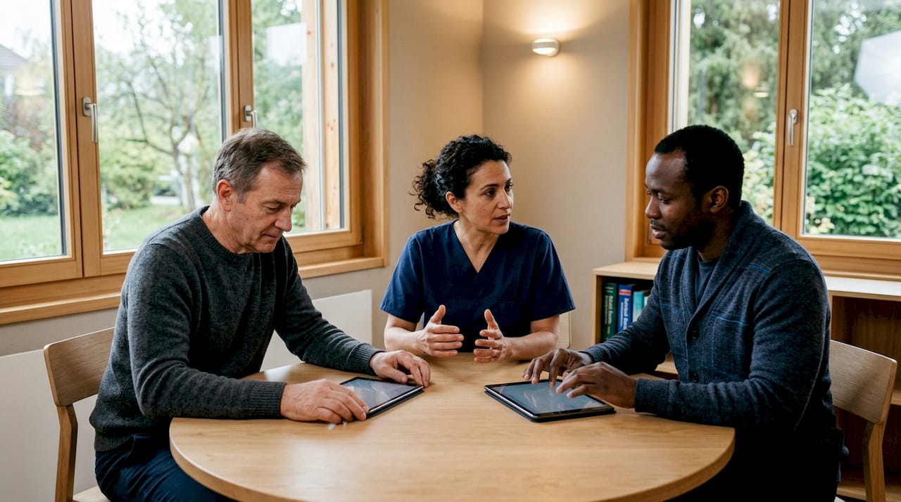Im modernen Therapieraum einer Schweizer Praxis arbeitet das Team mit Tablets.