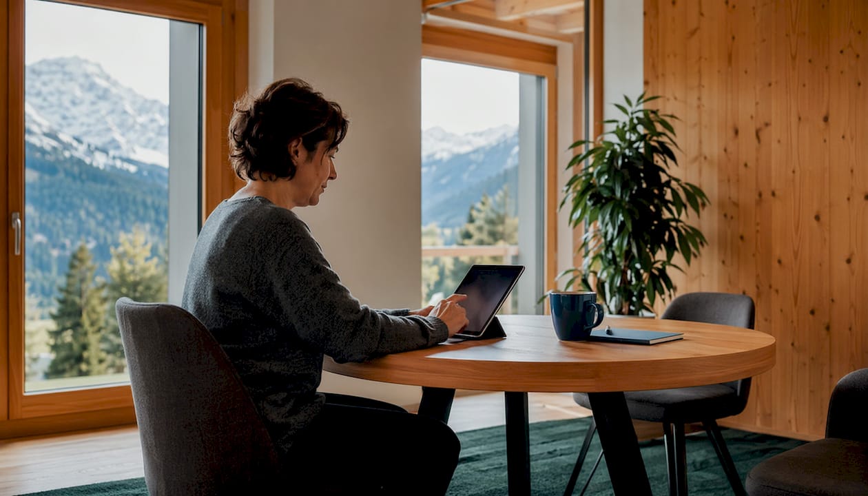 Eine Therapeutin sitzt mit einem Tablet in ihrem gemütlichen Praxisraum in der Schweiz.