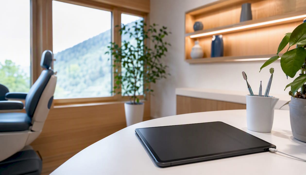 Modern eingerichteter Warteraum in einer Schweizer Arztpraxis mit Ladestation für Tablets.