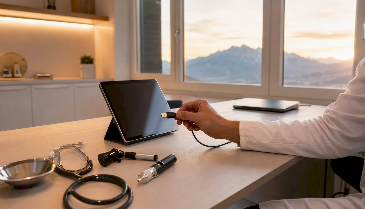 Hände richten eine Datenverbindung auf einem medizinischen Arbeitsplatz ein