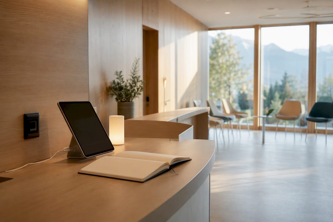 Vorbereiteter medizinischer Arbeitsplatz mit Tablet-Ladestation