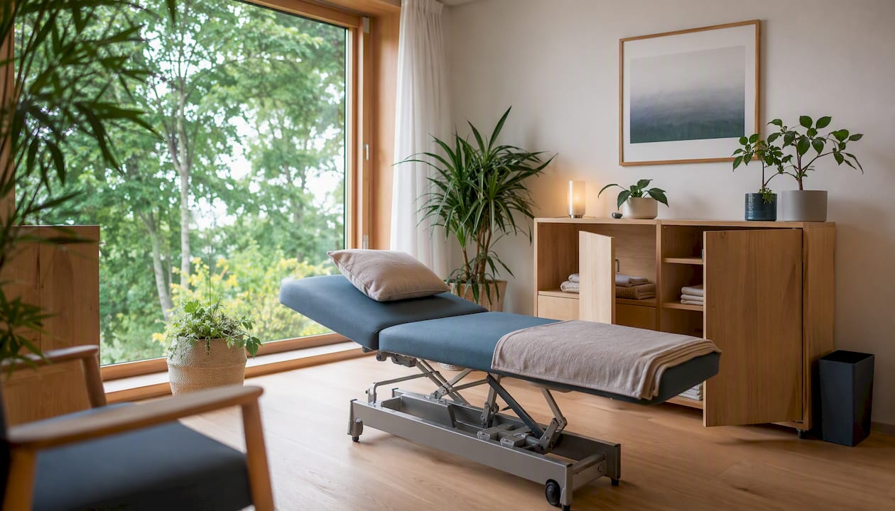 Nachhaltig gestalteter Therapieraum mit viel Tageslicht