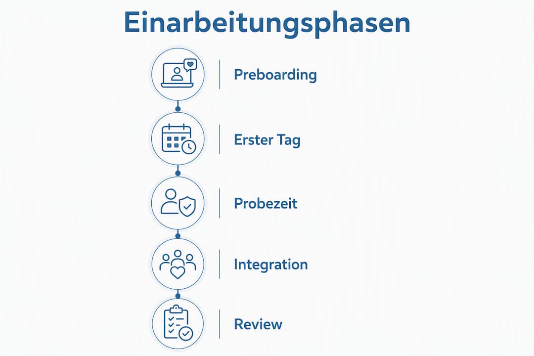 Übersichtsgrafik: Die fünf typischen Phasen der Einarbeitung in Schweizer Unternehmen