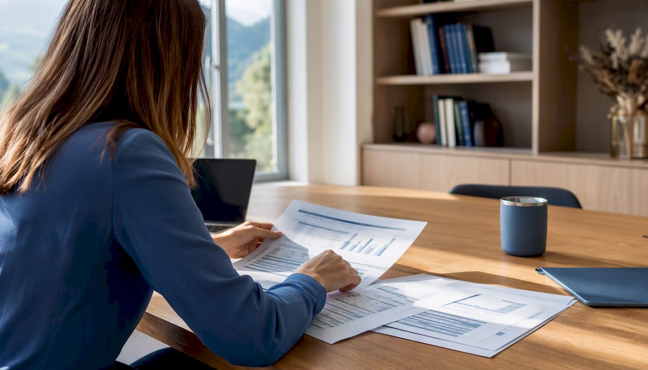 Eine Hand, die Coaching-KPI-Unterlagen auf dem Schreibtisch in einer Praxis ordnet